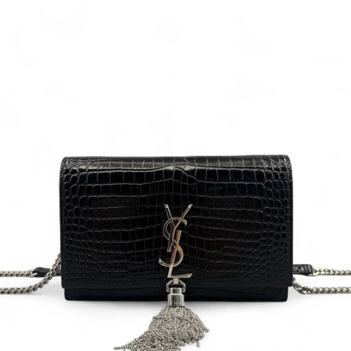 Yves Saint Laurent Small Envelope Chain Wallet Calfskin Crocodile Embossed Black