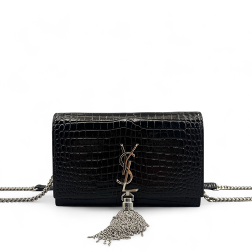 Yves Saint Laurent Small Envelope Chain Wallet Calfskin Crocodile Embossed Black