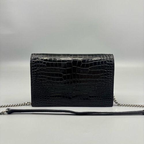 Yves Saint Laurent Small Envelope Chain Wallet Calfskin Crocodile Embossed Black