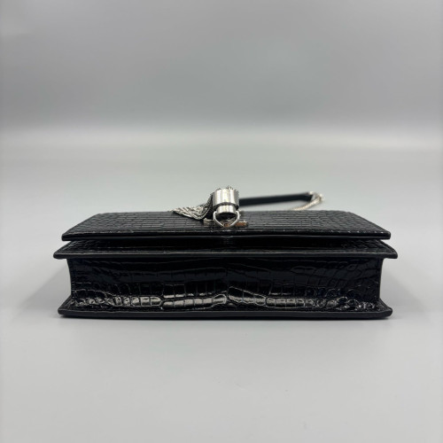 Yves Saint Laurent Small Envelope Chain Wallet Calfskin Crocodile Embossed Black