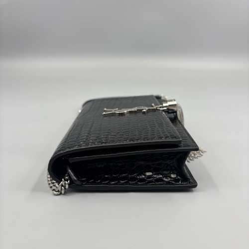 Yves Saint Laurent Small Envelope Chain Wallet Calfskin Crocodile Embossed Black