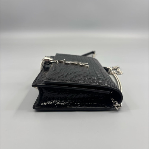 Yves Saint Laurent Small Envelope Chain Wallet Calfskin Crocodile Embossed Black