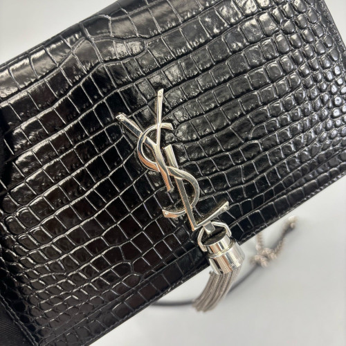 Yves Saint Laurent Small Envelope Chain Wallet Calfskin Crocodile Embossed Black