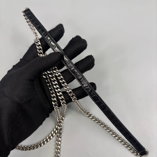 Yves Saint Laurent Small Envelope Chain Wallet Calfskin Crocodile Embossed Black