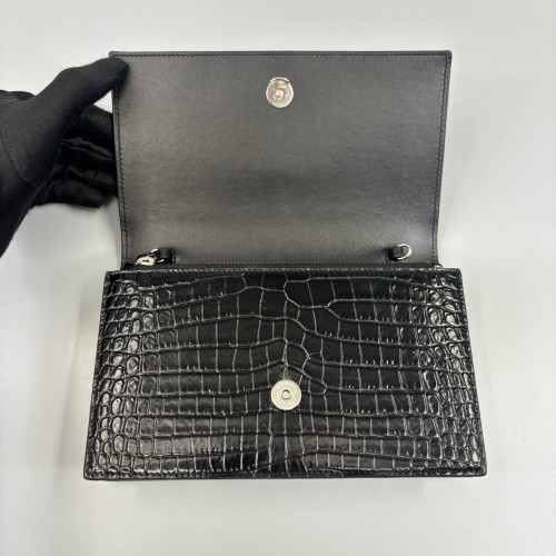 Yves Saint Laurent Small Envelope Chain Wallet Calfskin Crocodile Embossed Black