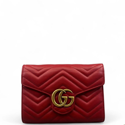 Gucci Chevron GG Marmont Chain Wallet Calfskin Red