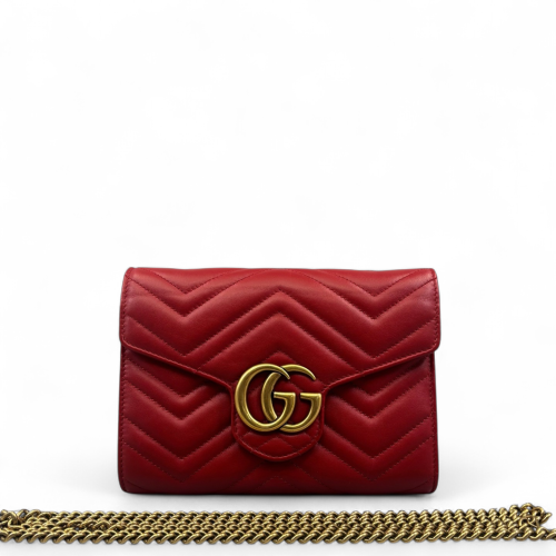 Gucci Chevron GG Marmont Chain Wallet Calfskin Red