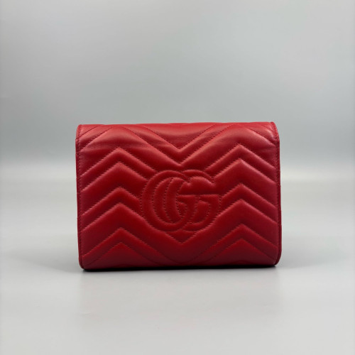 Gucci Chevron GG Marmont Chain Wallet Calfskin Red