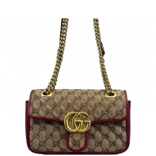 Gucci Mini GG Marmont Canvas Crumpled Calfskin Red Khaki