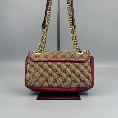 Gucci Mini GG Marmont Canvas Crumpled Calfskin Red Khaki