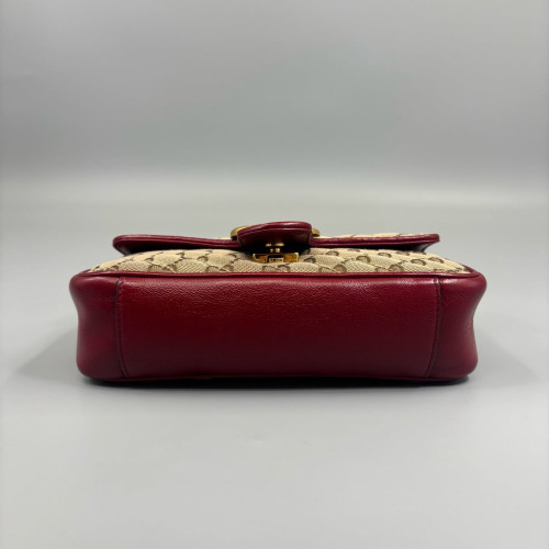 Gucci Mini GG Marmont Canvas Crumpled Calfskin Red Khaki