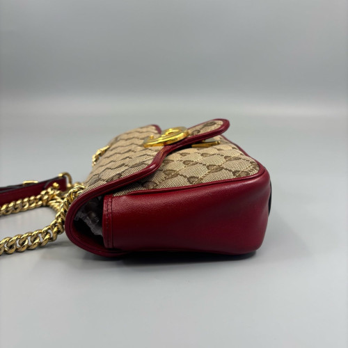 Gucci Mini GG Marmont Canvas Crumpled Calfskin Red Khaki