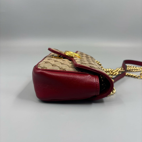 Gucci Mini GG Marmont Canvas Crumpled Calfskin Red Khaki