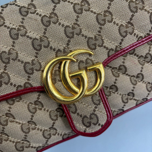 Gucci Mini GG Marmont Canvas Crumpled Calfskin Red Khaki