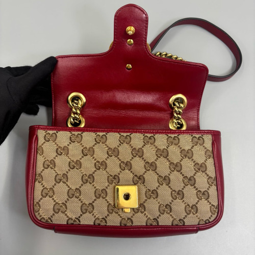 Gucci Mini GG Marmont Canvas Crumpled Calfskin Red Khaki
