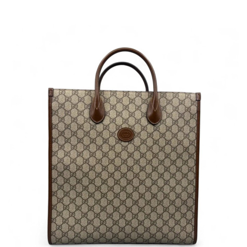 Gucci Tote Bag GG Supreme Monogram Calfskin Brown Khaki
