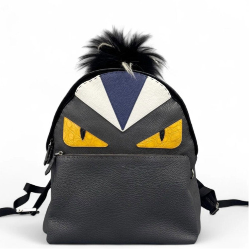Fendi Monster Eyes Medium Backpack Grained Calfskin Calfskin Crocodile Embossed Grey Black White