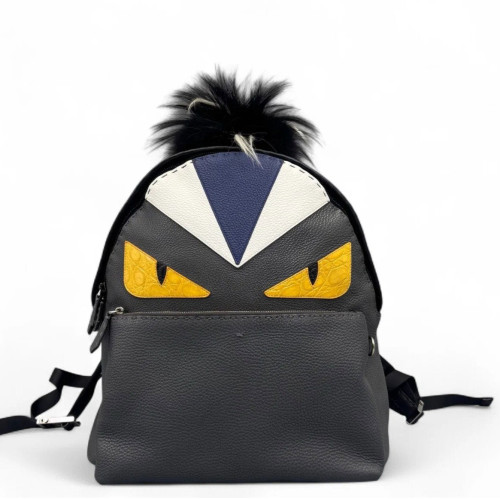 Fendi Monster Eyes Medium Backpack Grained Calfskin Calfskin Crocodile Embossed Grey Black White