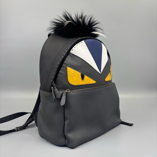 Fendi Monster Eyes Medium Backpack Grained Calfskin Calfskin Crocodile Embossed Grey Black White