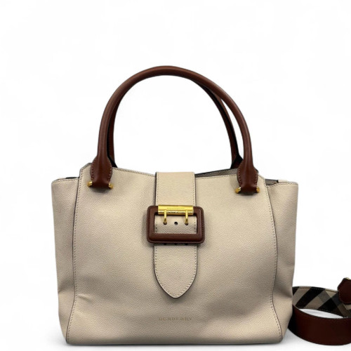 Burberry Medium Buckle Tote Grained Calfskin Beige Brown