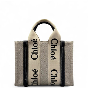 Chloe Small Woody Ribbon Tote Canvas Calfskin Beige Black