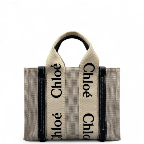 Chloe Small Woody Ribbon Tote Canvas Calfskin Beige Black