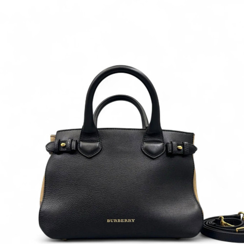 Burberry Small Banner Tote House Check Calfskin Black Beige Khaki