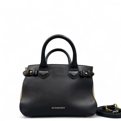 Burberry Small Banner Tote House Check Calfskin Black Beige Khaki