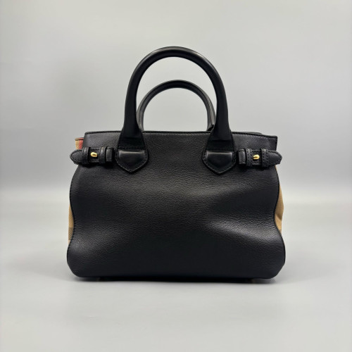 Burberry Small Banner Tote House Check Calfskin Black Beige Khaki