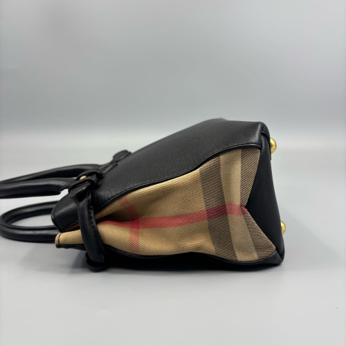 Burberry Small Banner Tote House Check Calfskin Black Beige Khaki