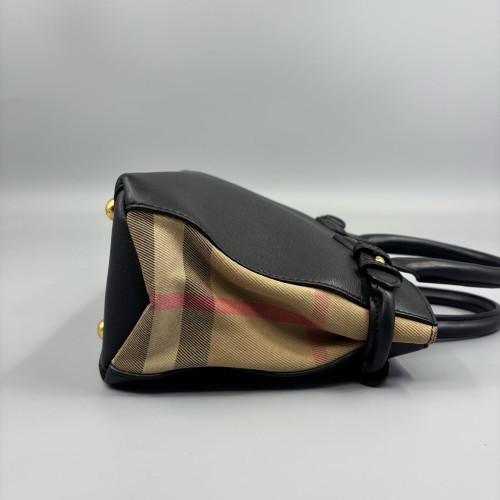 Burberry Small Banner Tote House Check Calfskin Black Beige Khaki