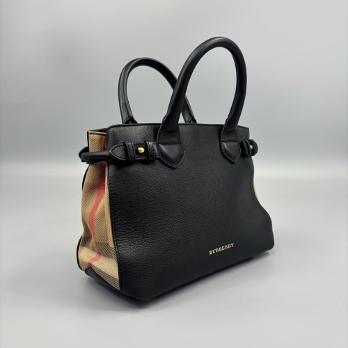 Burberry Small Banner Tote House Check Calfskin Black Beige Khaki