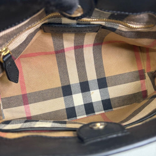 Burberry Small Banner Tote House Check Calfskin Black Beige Khaki