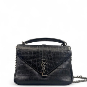 Yves Saint Laurent Medium College Calfskin Crocodile Embossed Black