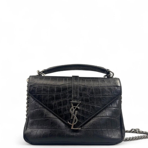 Yves Saint Laurent Medium College Calfskin Crocodile Embossed Black