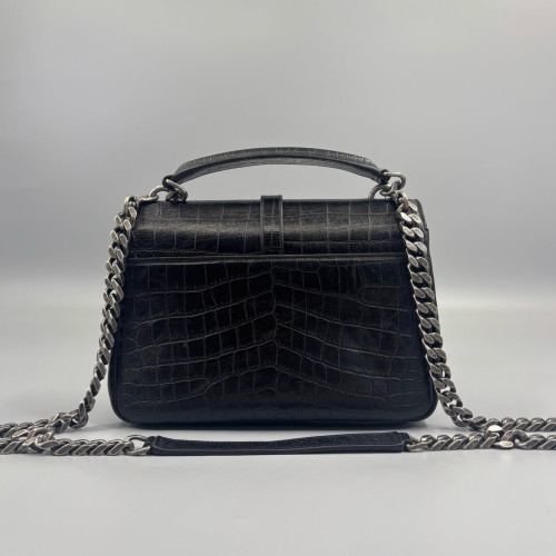 Yves Saint Laurent Medium College Calfskin Crocodile Embossed Black