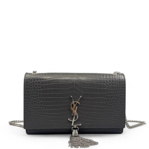 Yves Saint Laurent Medium Kate Corssbody Bag Calfskin Crocodile Embossed Dark Grey
