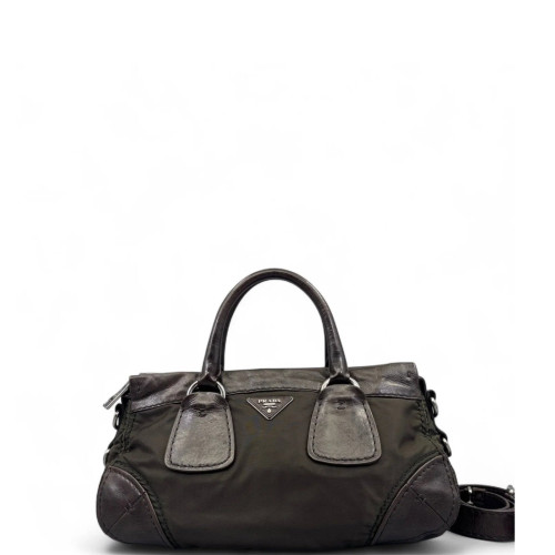Prada Two-Way Bag Nylon Calfskin Black Dark Brown
