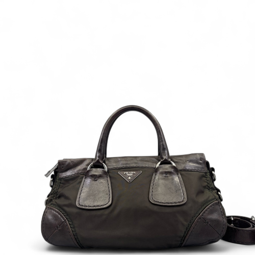 Prada Two-Way Bag Nylon Calfskin Black Dark Brown