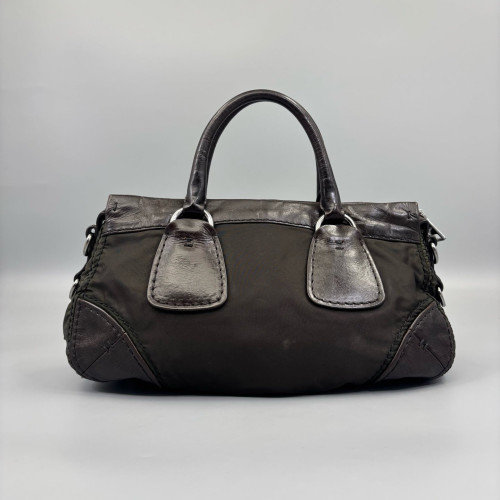 Prada Two-Way Bag Nylon Calfskin Black Dark Brown