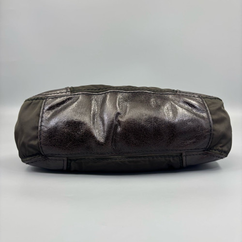 Prada Two-Way Bag Nylon Calfskin Black Dark Brown