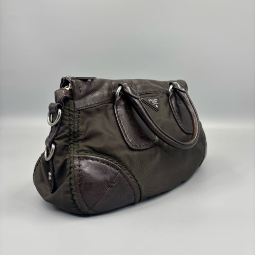 Prada Two-Way Bag Nylon Calfskin Black Dark Brown