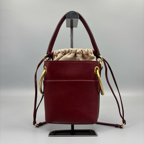 Chloe Small Roy Bucket Bag Calfskin Canvas Burgundy Beige Chloe Small Roy Bucket Bag Calfskin Canvas Burgundy Beige