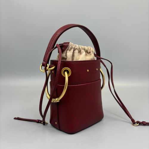 Chloe Small Roy Bucket Bag Calfskin Canvas Burgundy Beige Chloe Small Roy Bucket Bag Calfskin Canvas Burgundy Beige