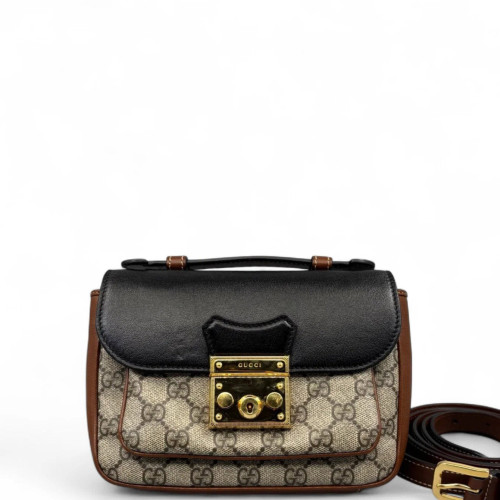 Gucci Small Padlock Top Handle Shoulder Bag GG Supreme Monogram Calfskin Black Brown Gucci Small Padlock Top Handle Shoulder Bag GG Supreme Monogram Calfskin Black Brown