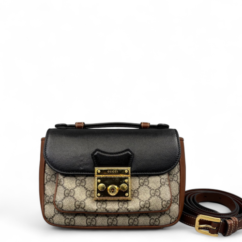 Gucci Small Padlock Top Handle Shoulder Bag GG Supreme Monogram Calfskin Black Brown Gucci Small Padlock Top Handle Shoulder Bag GG Supreme Monogram Calfskin Black Brown