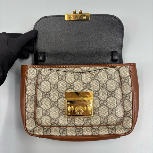 Gucci Small Padlock Top Handle Shoulder Bag GG Supreme Monogram Calfskin Black Brown Gucci Small Padlock Top Handle Shoulder Bag GG Supreme Monogram Calfskin Black Brown
