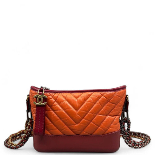 Chanel Chevron Quilted Small Gabrielle Hobo Calfskin Orange Red