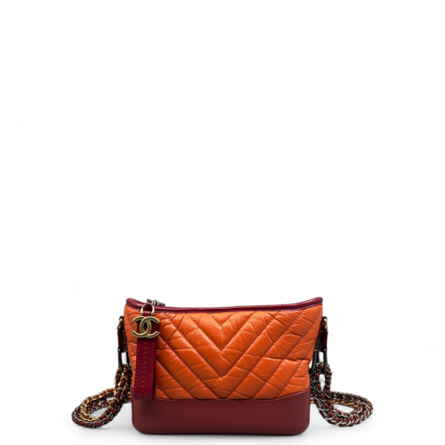 Chanel Chevron Quilted Small Gabrielle Hobo Calfskin Orange Red