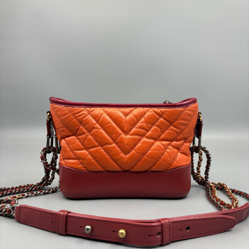 Chanel Chevron Quilted Small Gabrielle Hobo Calfskin Orange Red